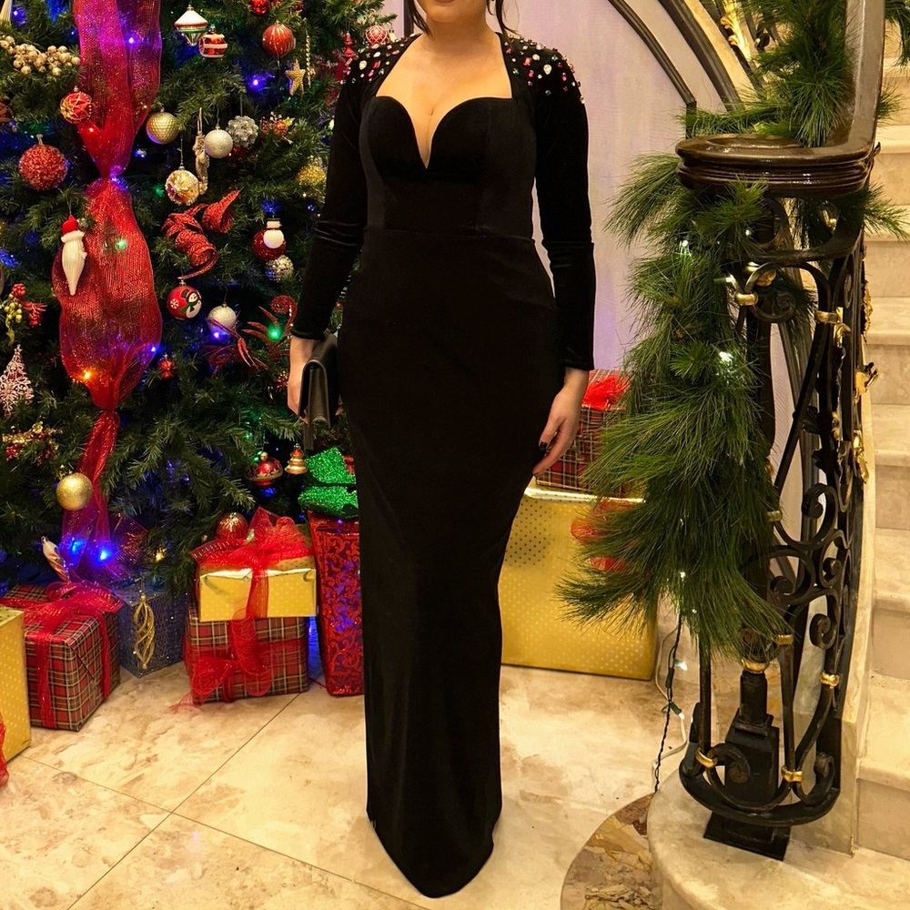 Custom made black velvet gown with beautiful gems. Size 8. Open to offers!